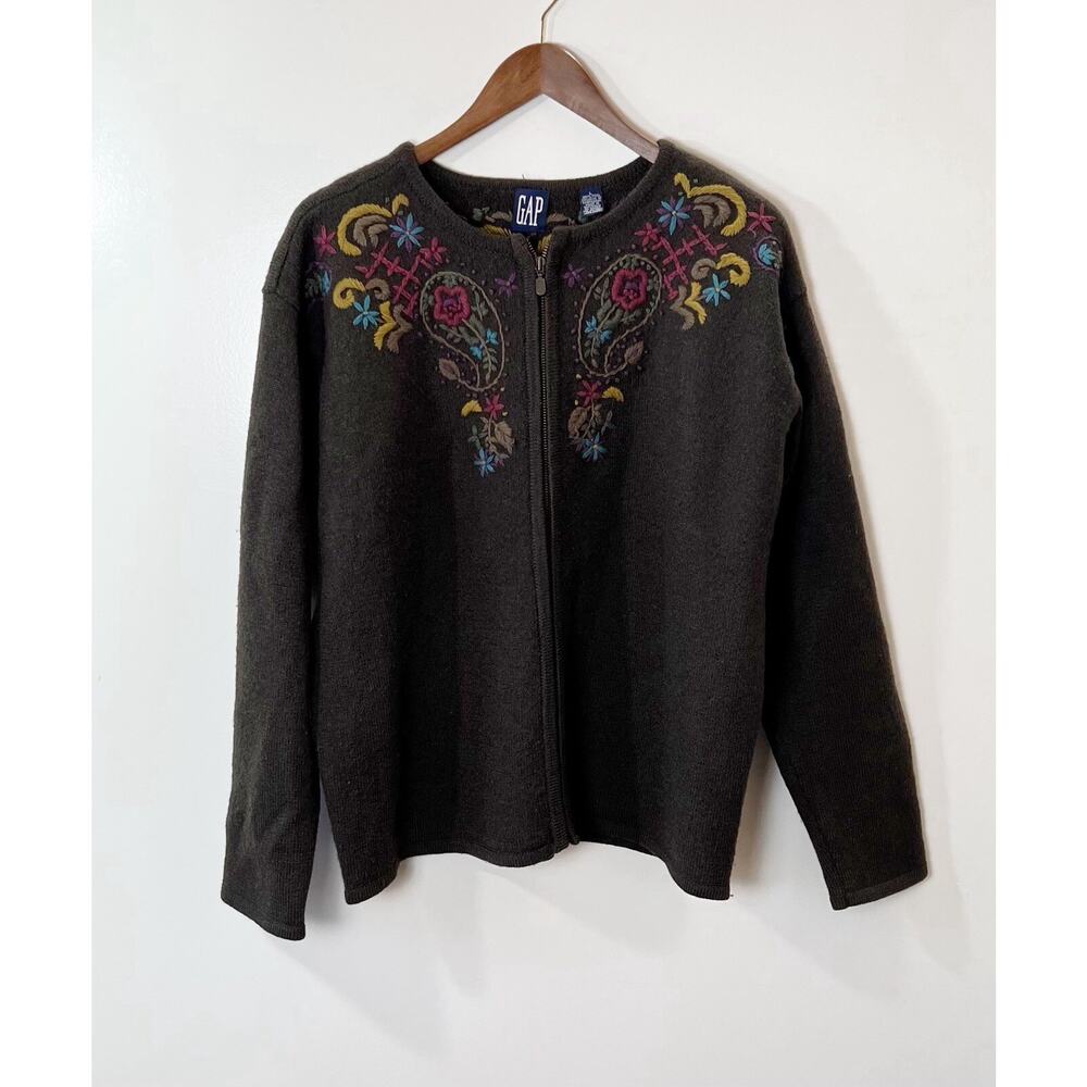 Vintage Australia Gap Womens Embroidered Wool Cardigan Sz L Brown Cabincore Boho